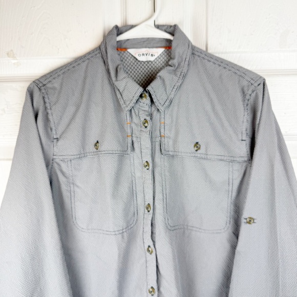 Orvis Navy Gray Casual Button Down Textured Fabric Roll Tab Fishing Shirt Sz L - Picture 7 of 12